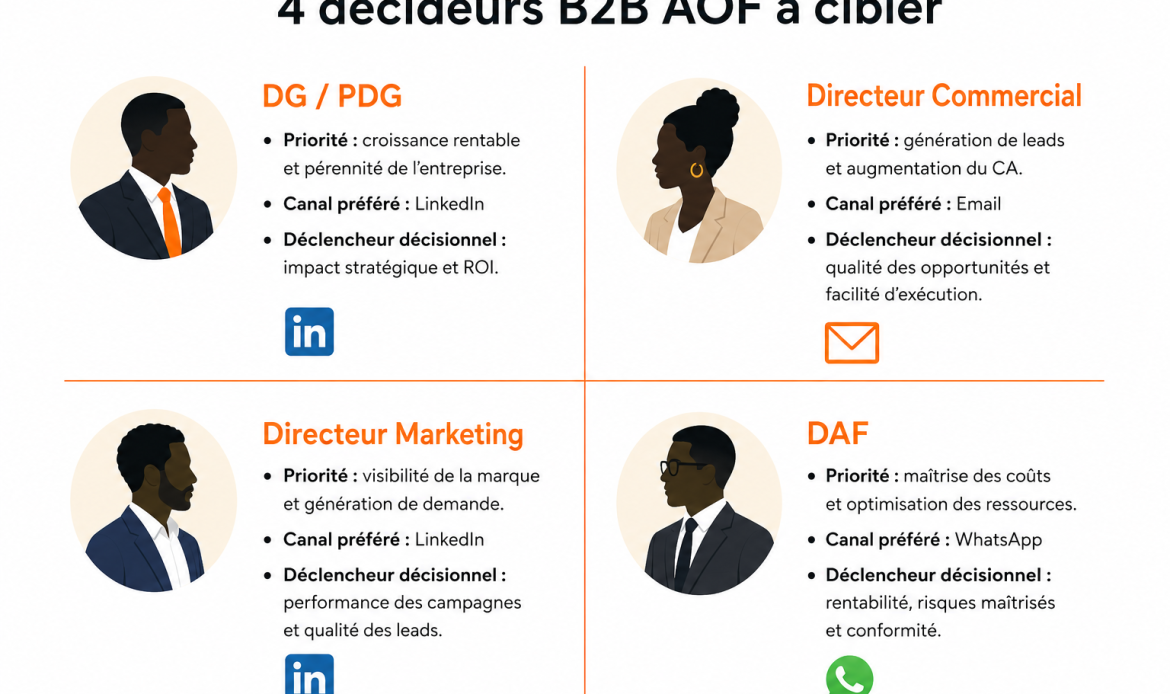 Prospection Digitale PME Sénégal/Côte d'Ivoire : Guide Pratique 2026 1 Les 4 personas décideurs B2B en Afrique de l'Ouest francophone, DG, DC, DM, DAF