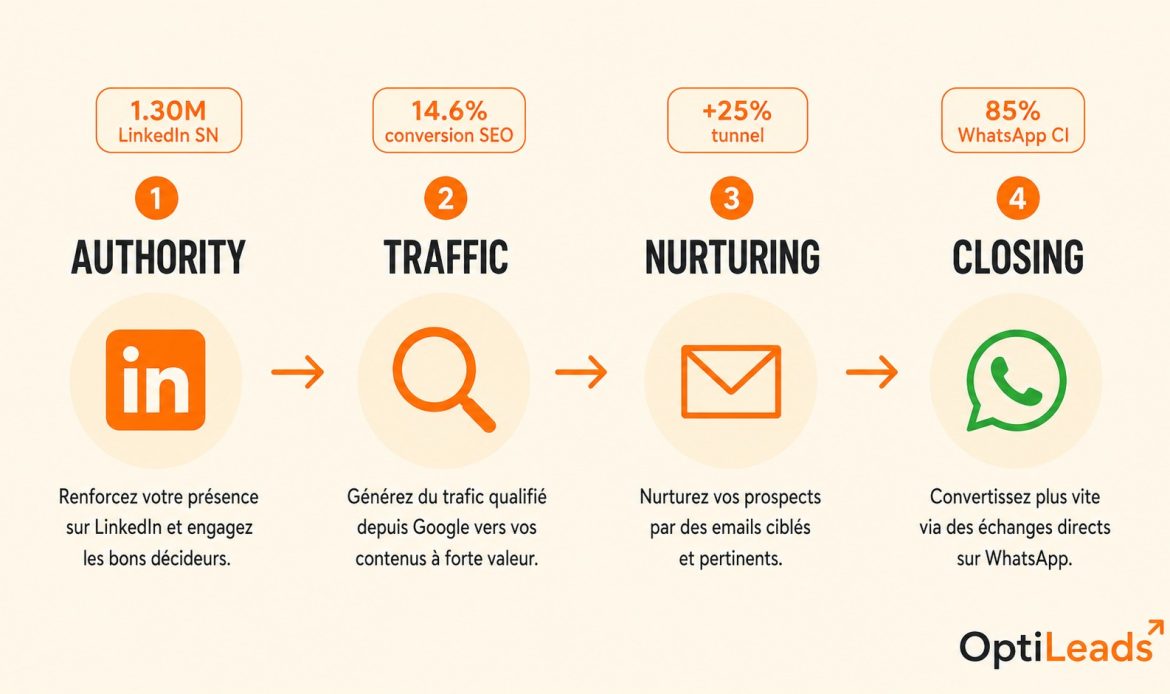 Prospection Digitale PME Sénégal/Côte d'Ivoire : Guide Pratique 2026 2 Schéma du tunnel de prospection B2B AOF, LinkedIn, SEO, email, WhatsApp Business