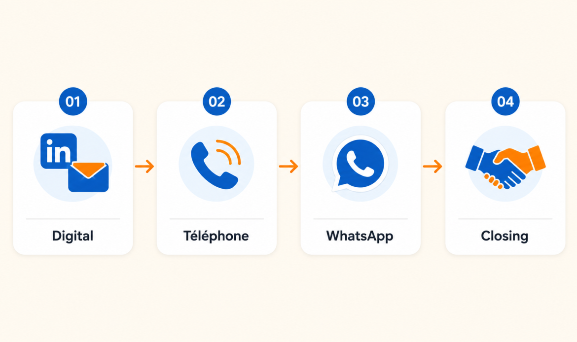 Séquence hybride digital téléphone WhatsApp pour la prospection B2B AOF