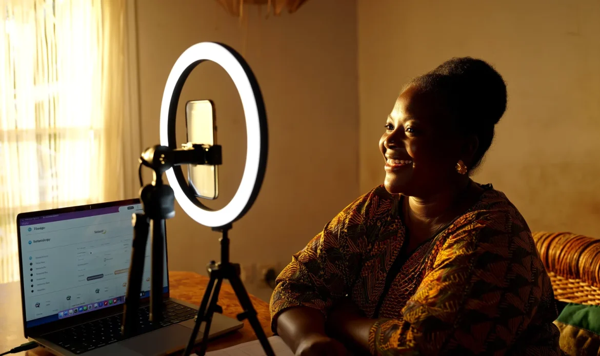 Une formatrice sénégalaise filme un module de formation en ligne dans un petit studio à Dakar