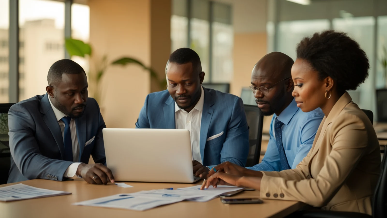 Équipe commerciale B2B en Afrique de l'Ouest qui travaille ses leads sur ordinateur