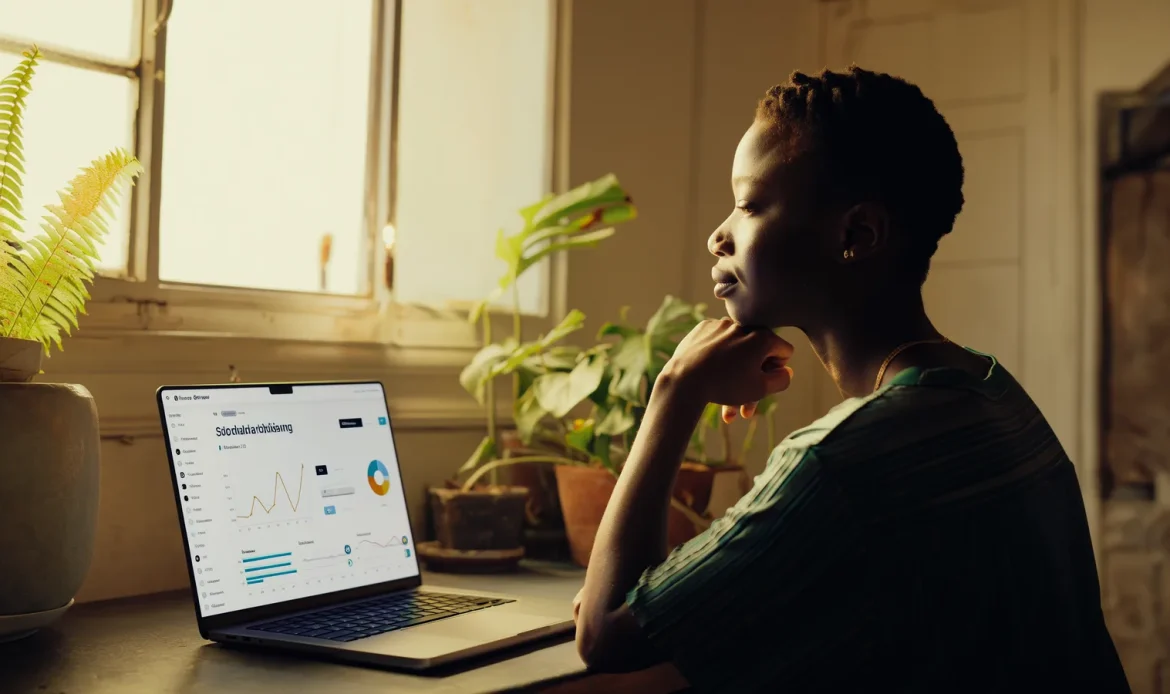 Gestionnaire de publicités Facebook : le guide PME 3 Une entrepreneure sénégalaise gère ses publicités Facebook sur un ordinateur portable à Dakar