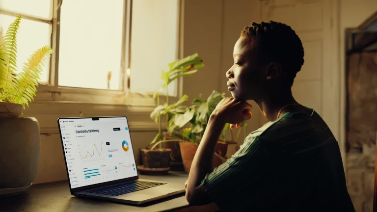 Une entrepreneure sénégalaise gère ses publicités Facebook sur un ordinateur portable à Dakar