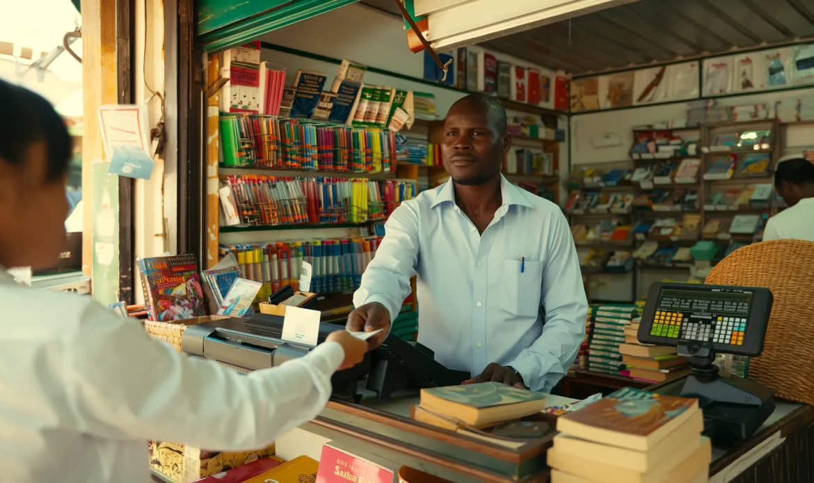 Un commerçant encaisse un client à la caisse de sa papeterie librairie à Dakar