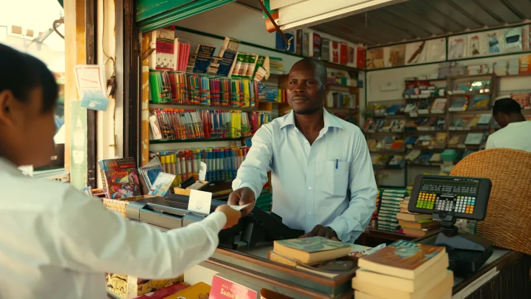 Un commerçant encaisse un client à la caisse de sa papeterie librairie à Dakar