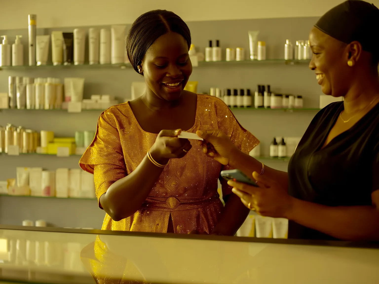 Une cliente présente sa carte de fidélité à la vendeuse au rayon cosmétiques