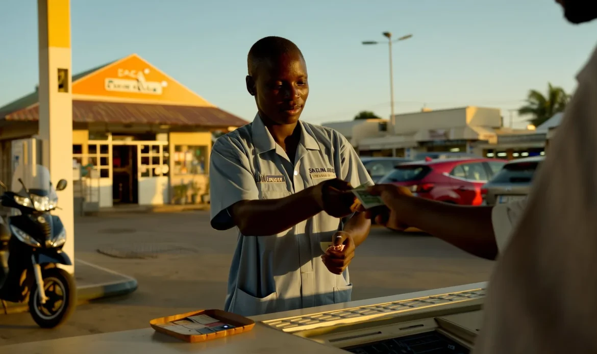 Un employé encaisse un client à la caisse d'une station-service à Dakar, pompes et boutique visibles
