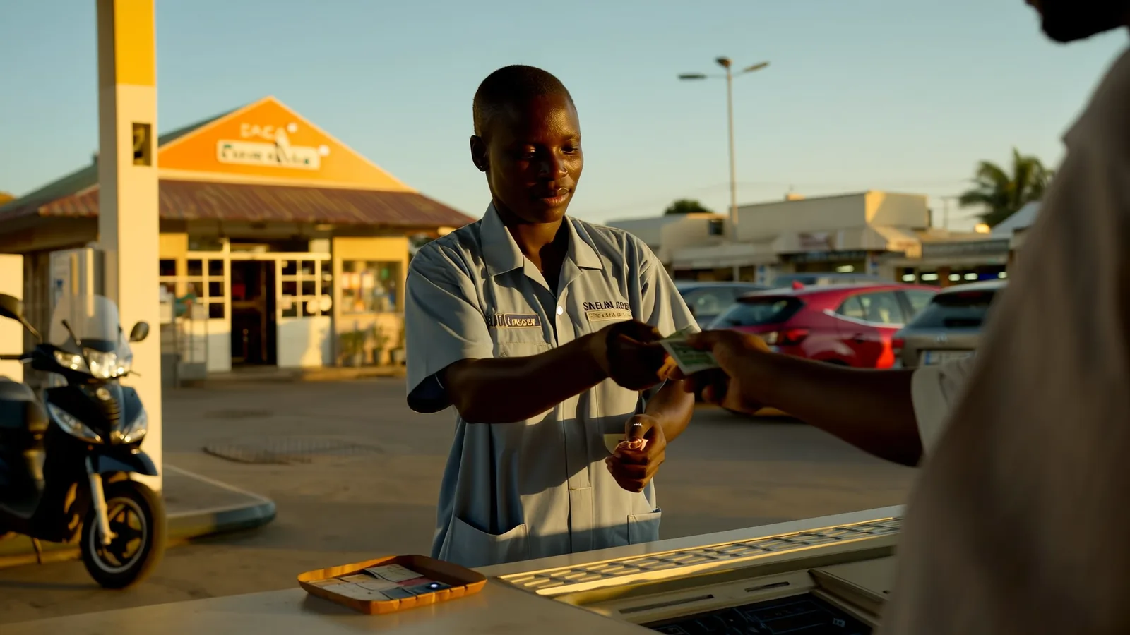 Un employé encaisse un client à la caisse d'une station-service à Dakar, pompes et boutique visibles