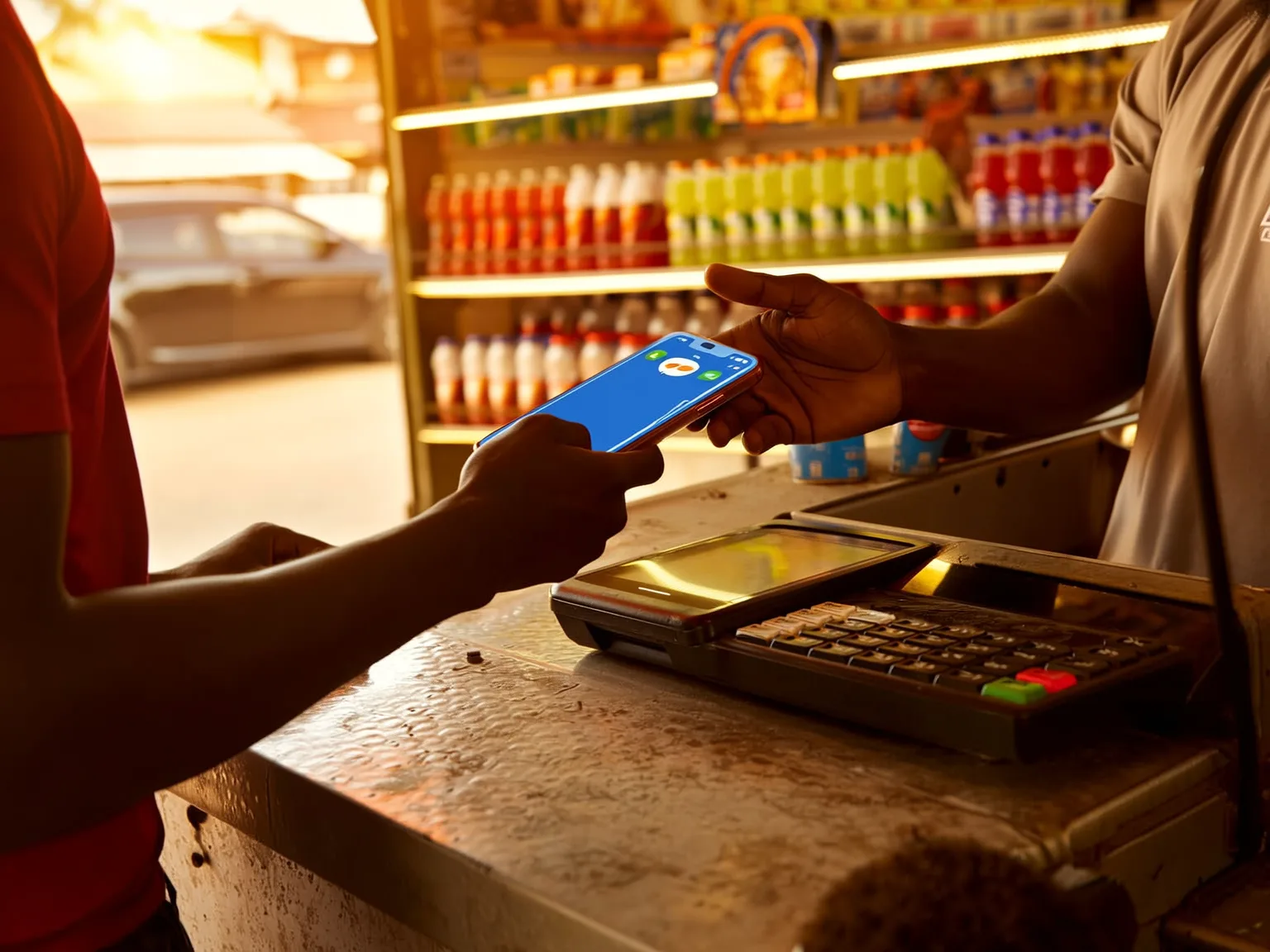 Un client paie ses achats de superette de station par mobile money pendant que le caissier valide sur la caisse tactile