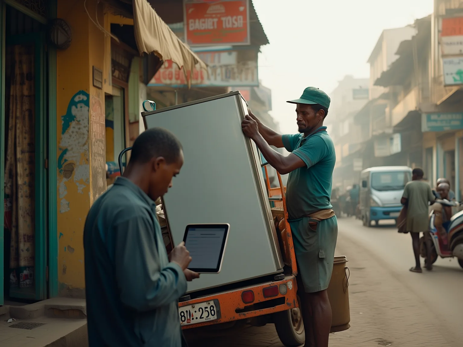 Un livreur charge un réfrigérateur pendant qu'un technicien note un suivi de garantie sur tablette à Dakar
