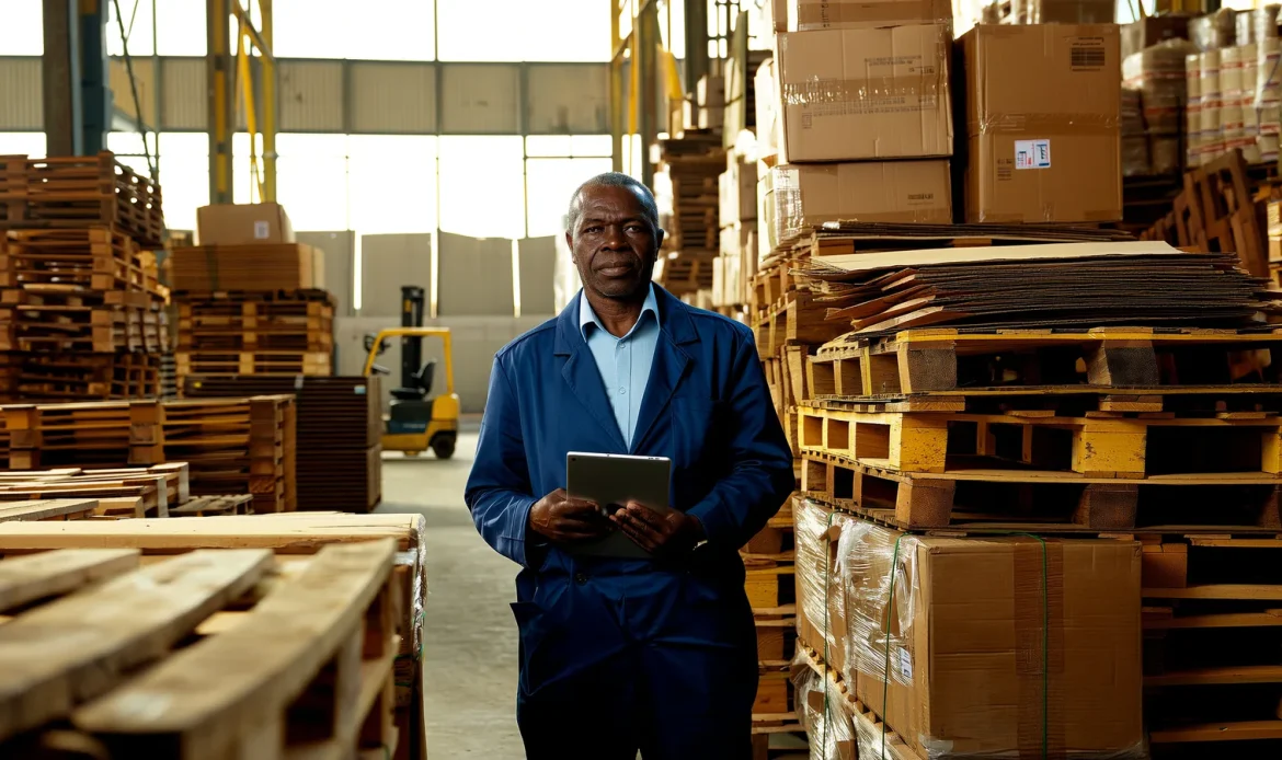Un gérant de dépôt de gros au Sénégal contrôle son stock sur une tablette au milieu des palettes