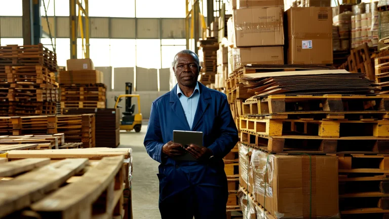 Un gérant de dépôt de gros au Sénégal contrôle son stock sur une tablette au milieu des palettes