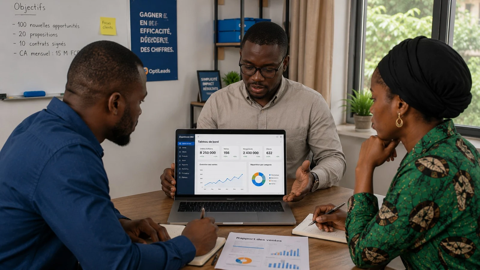 Equipe commerciale de PME en Afrique de l'Ouest qui suit ses clients et ses devis sur un CRM