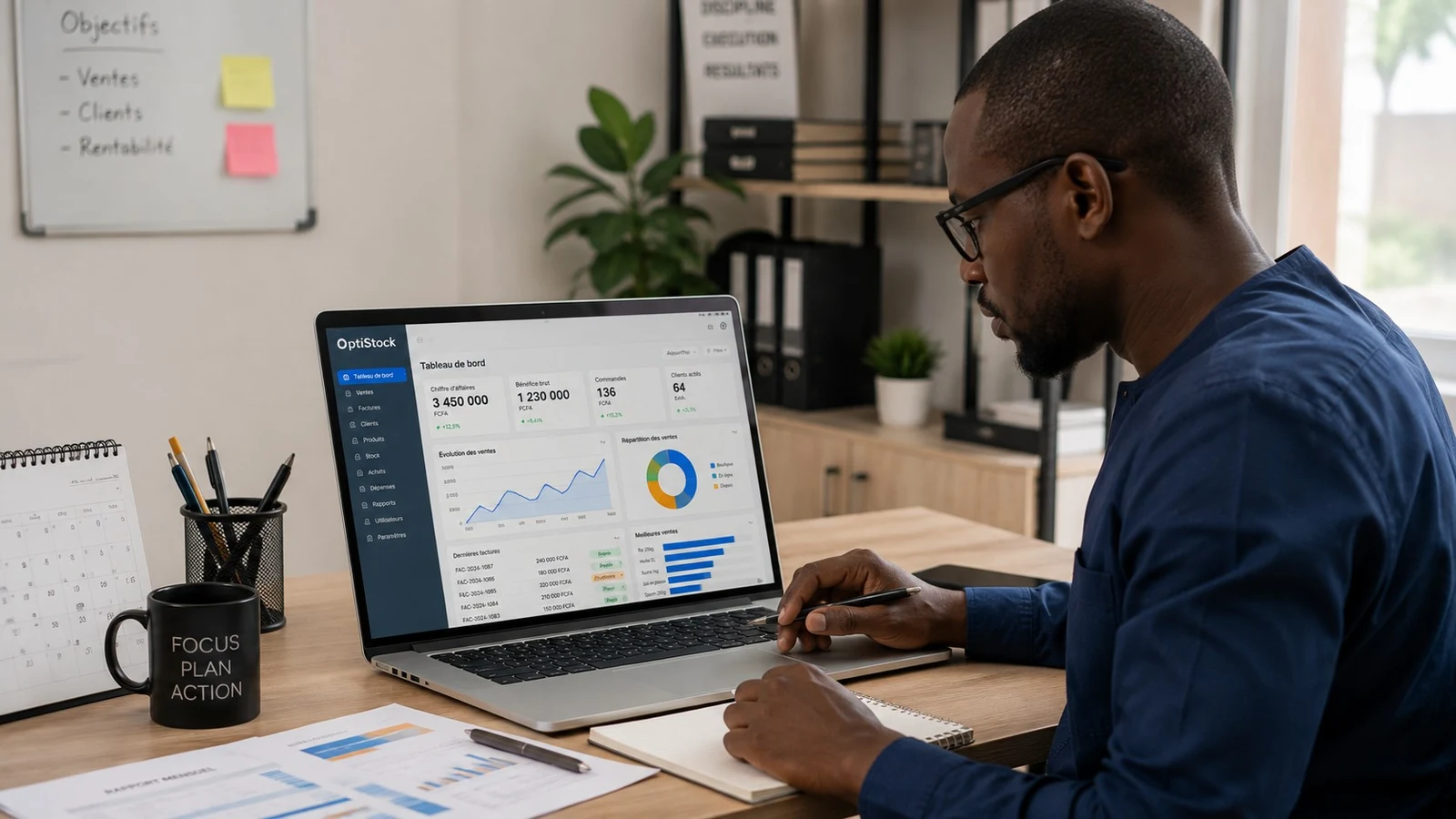 Dirigeant de PME en Afrique de l'Ouest qui pilote son activite (ventes, factures) avec un ERP sur ordinateur