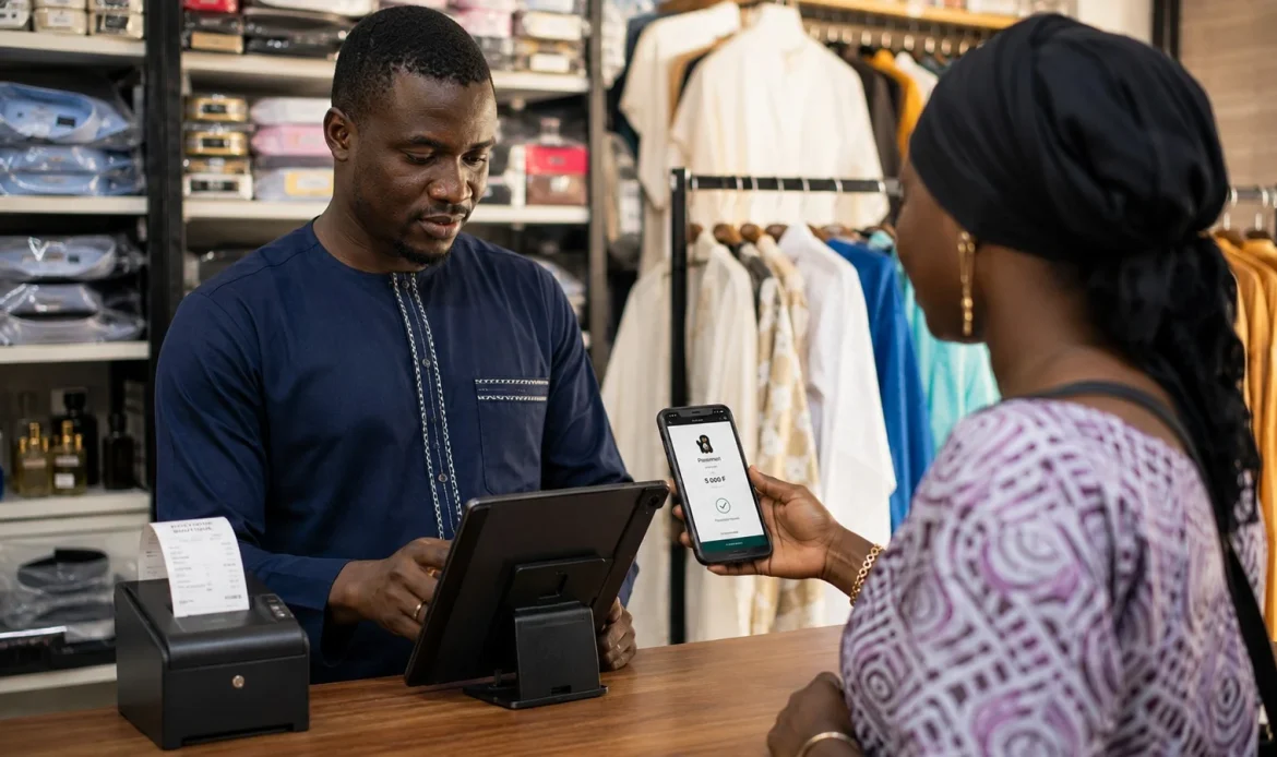Commerçant à Dakar qui encaisse une vente sur une caisse tactile au comptoir de sa boutique