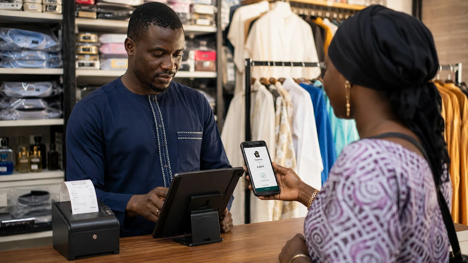 Optistock caisse boutique senegal photo Commerçant à Dakar qui encaisse une vente sur une caisse tactile au comptoir de sa boutique