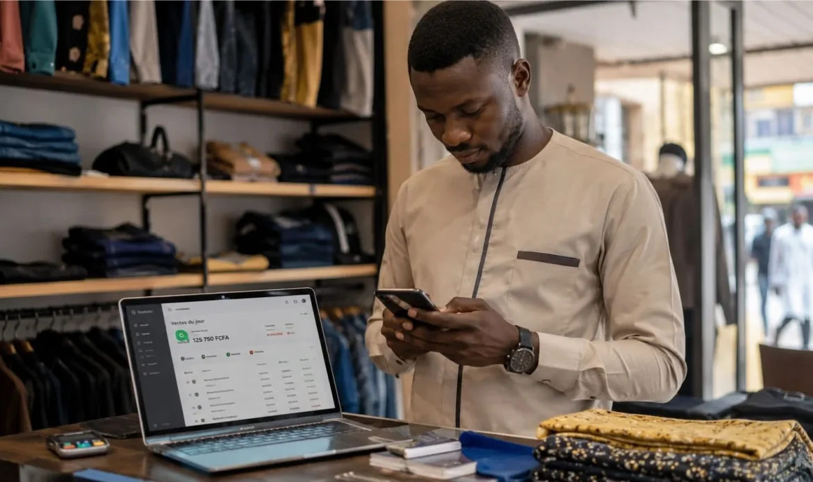 Commerçant à Dakar qui vérifie ses ventes et son stock du jour sur OptiStock au comptoir de sa boutique