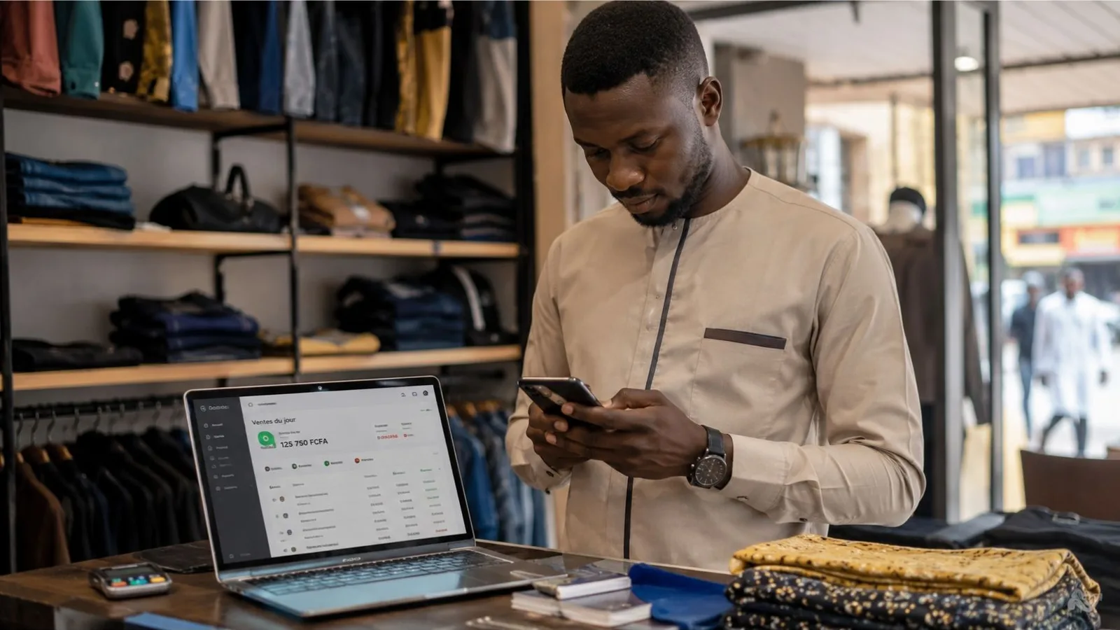 Commerçant à Dakar qui vérifie ses ventes et son stock du jour sur OptiStock au comptoir de sa boutique