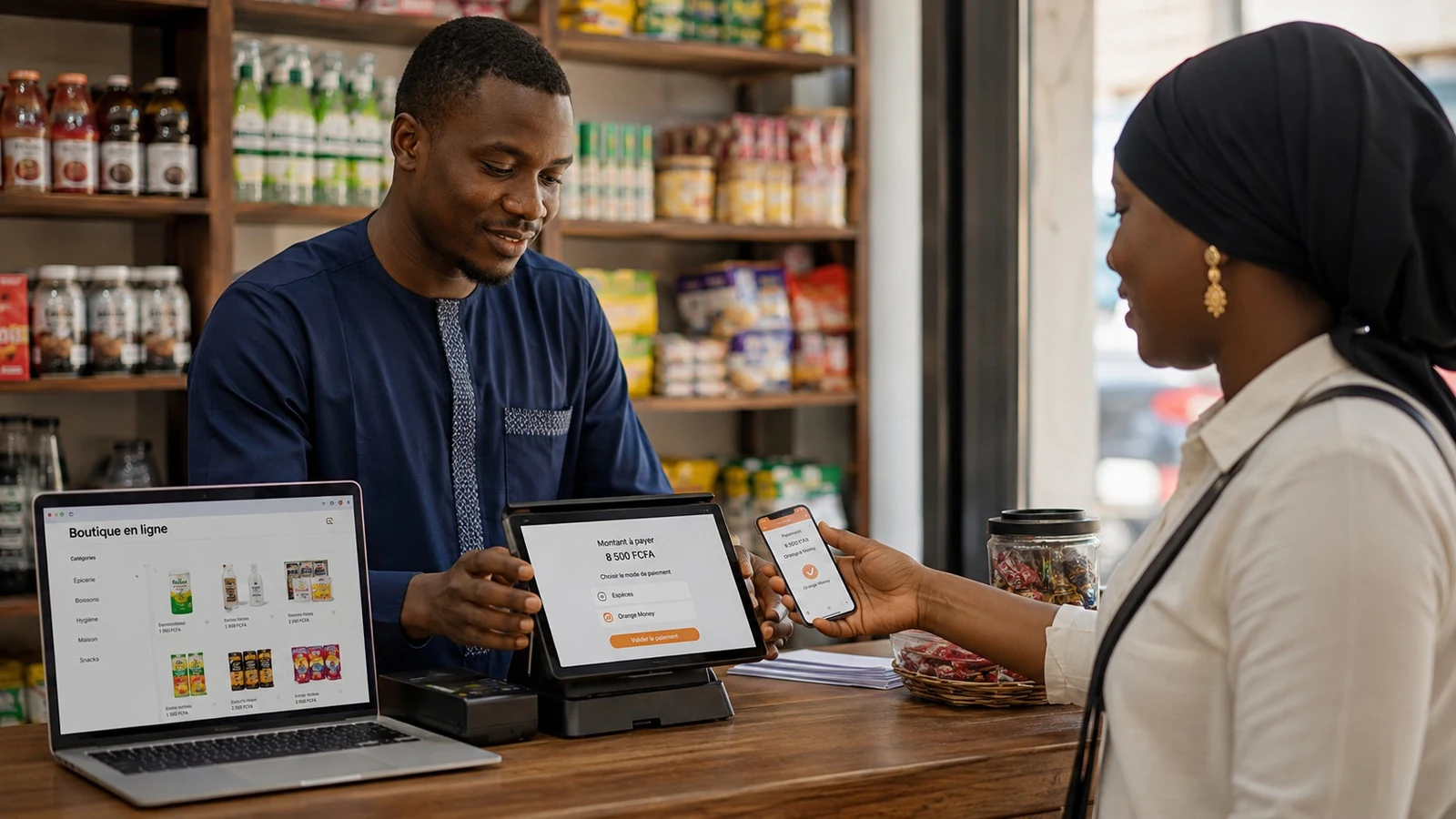 Commerçant à Dakar qui digitalise sa boutique avec une caisse tactile et le paiement mobile