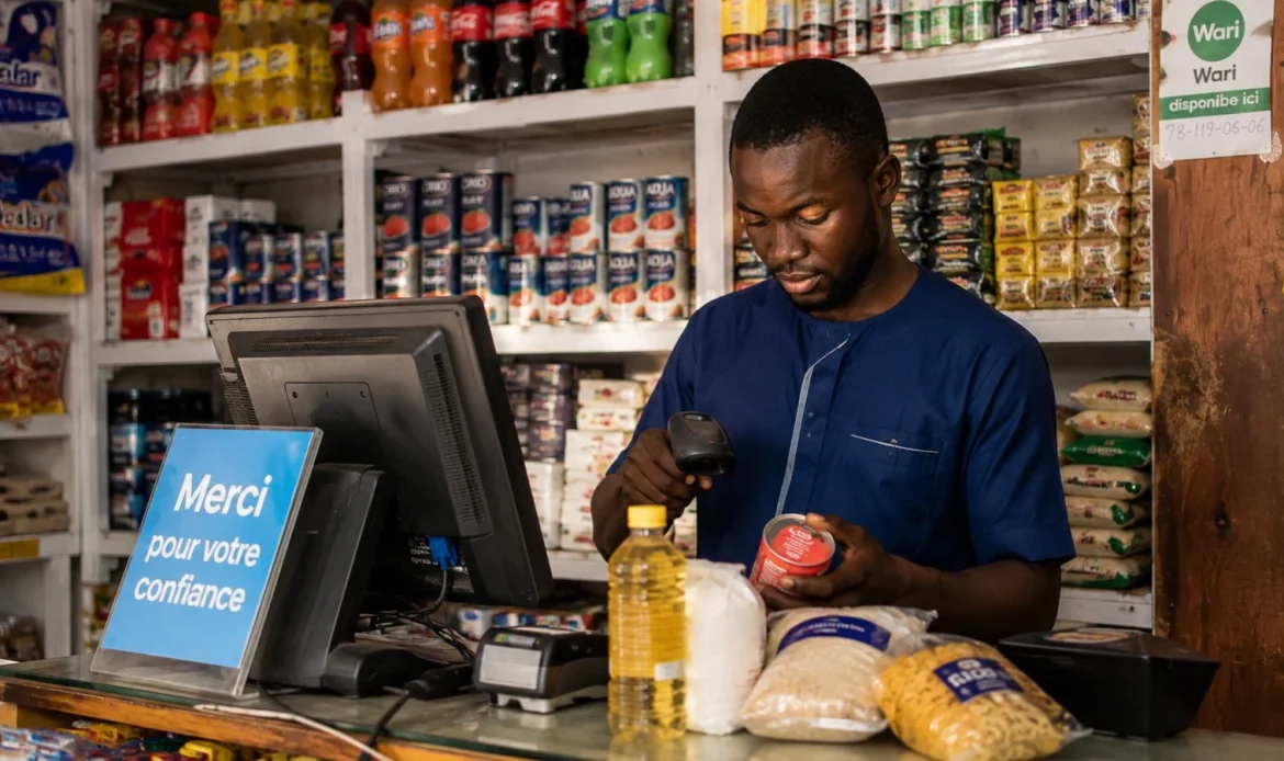 Epicier au comptoir de son epicerie de quartier au Senegal, rayons alimentaires garnis derriere lui