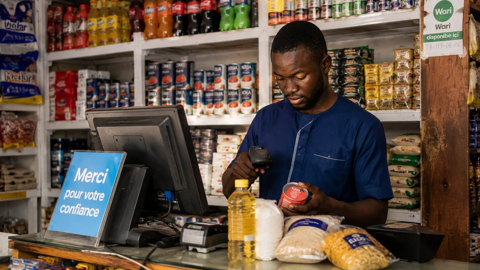 Optistock epicerie photo Epicier au comptoir de son epicerie de quartier au Senegal, rayons alimentaires garnis derriere lui
