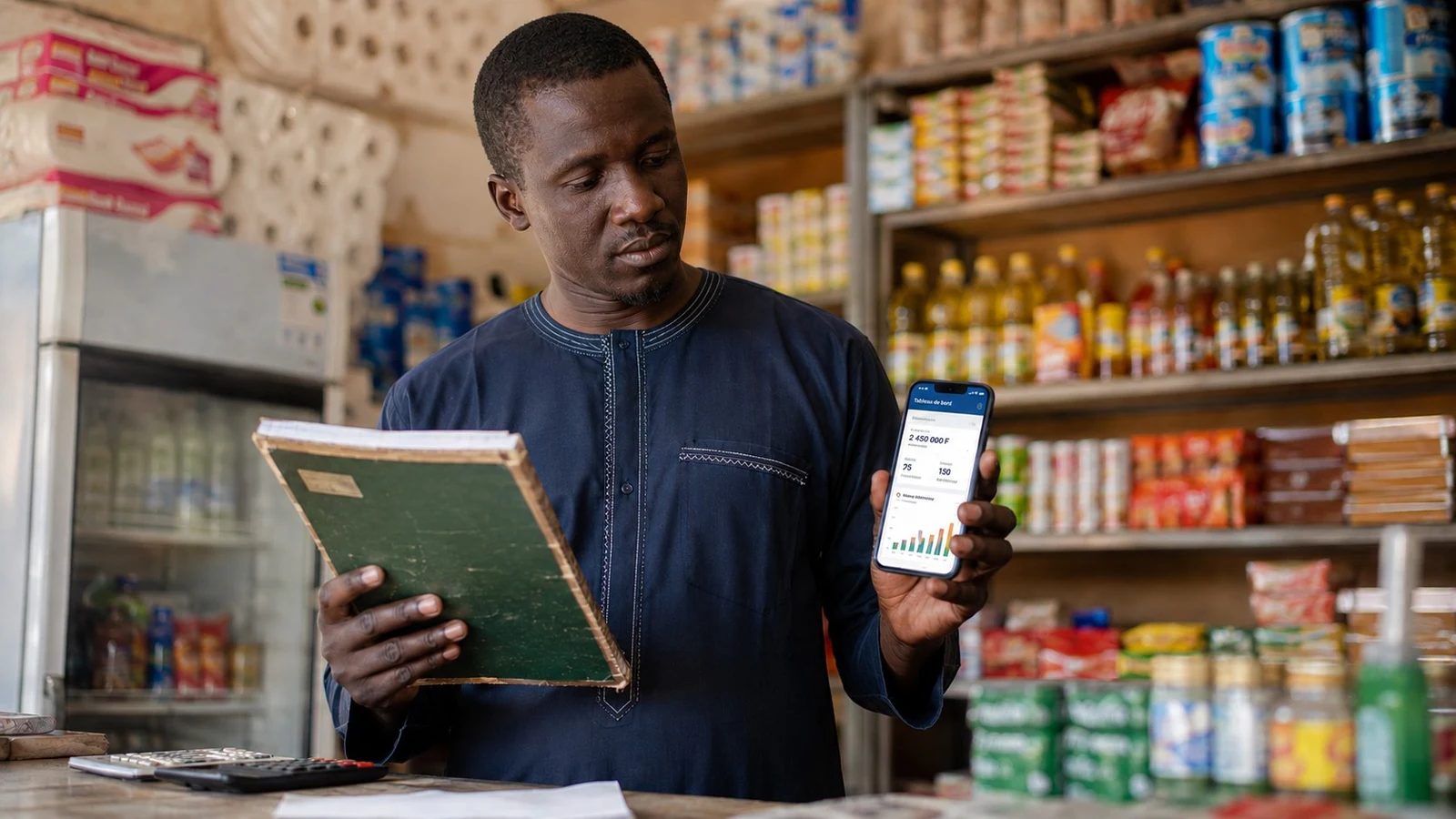 Optistock gratuit ou payant photo Commerçant sénégalais qui compare son cahier et un logiciel de gestion sur smartphone au comptoir de sa boutique