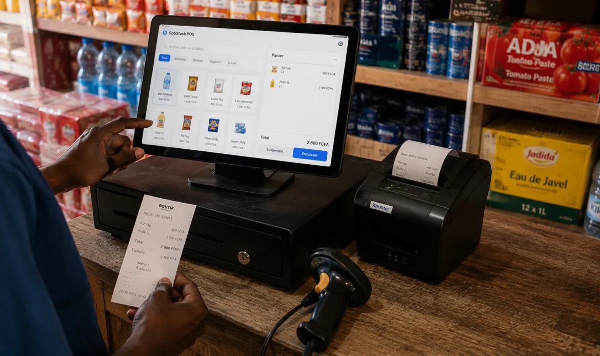 Kit de caisse sur le comptoir d'une boutique : tablette POS, imprimante ticket, douchette et tiroir-caisse