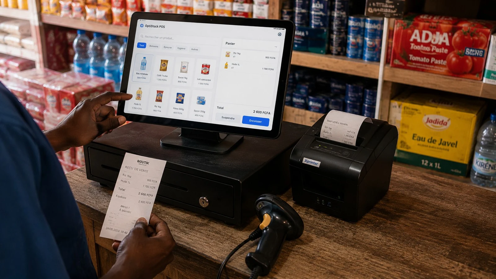 Kit de caisse sur le comptoir d'une boutique : tablette POS, imprimante ticket, douchette et tiroir-caisse
