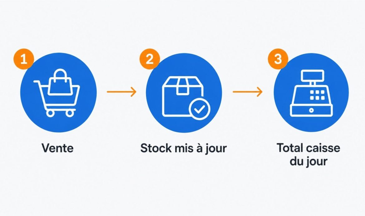 Schéma OptiStock : une vente met à jour le stock et le total de caisse du jour automatiquement