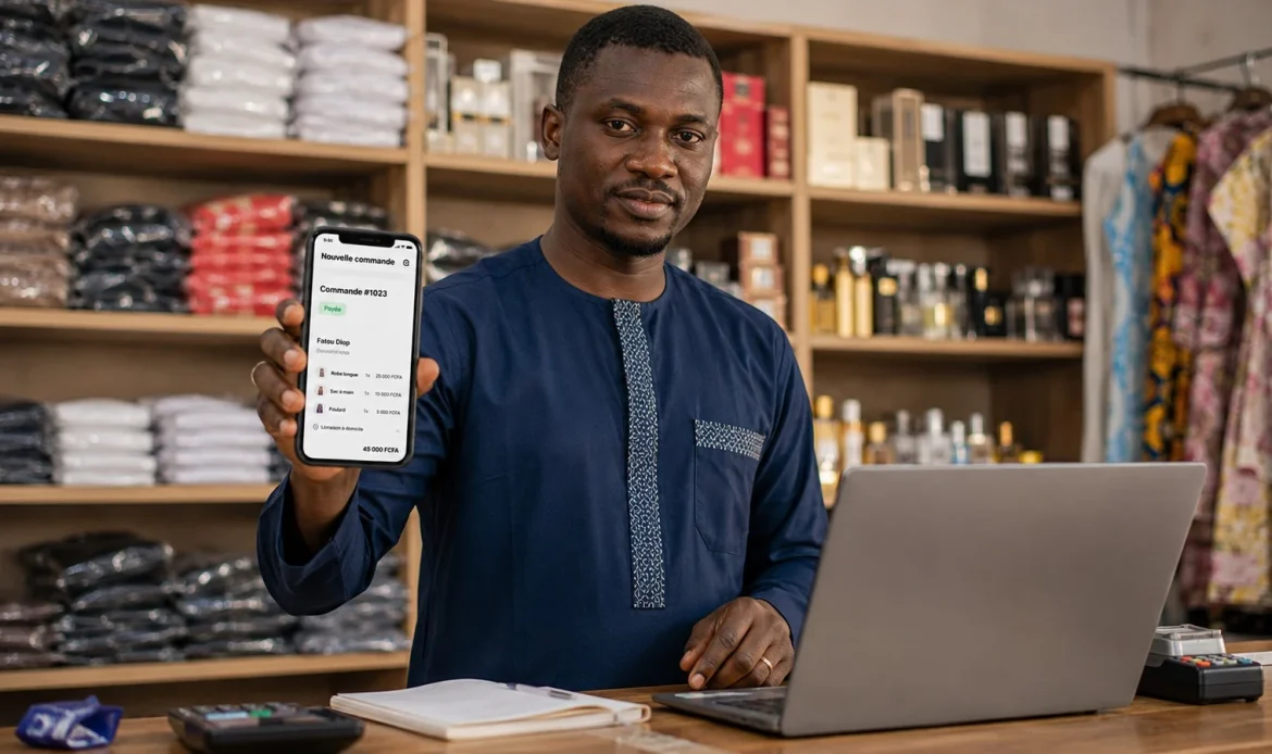 Boutique physique et vente en ligne : synchroniser un seul stock 1 Commerçante à Dakar qui gère le stock de sa boutique et ses commandes en ligne depuis son téléphone