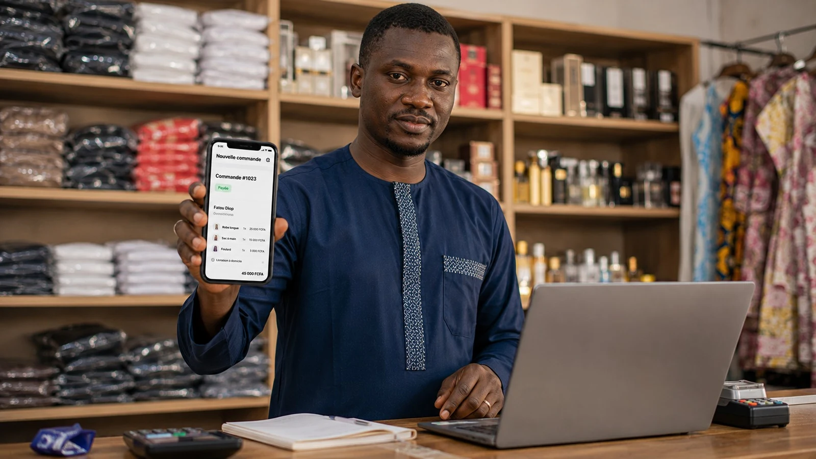 Optistock stock synchronise photo Commerçante à Dakar qui gère le stock de sa boutique et ses commandes en ligne depuis son téléphone