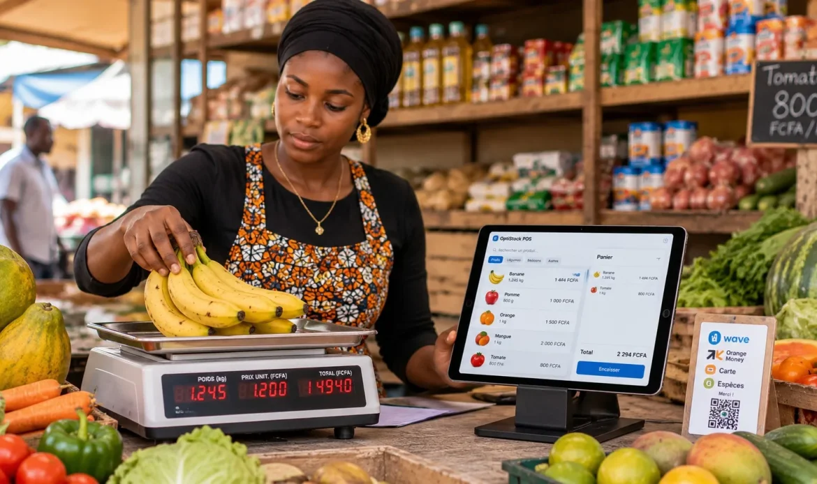 Commercant qui pese des fruits sur une balance connectee reliee a sa caisse au Senegal