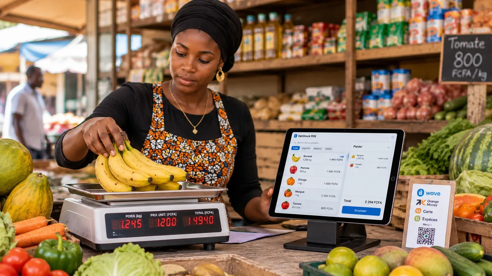 Commercant qui pese des fruits sur une balance connectee reliee a sa caisse au Senegal