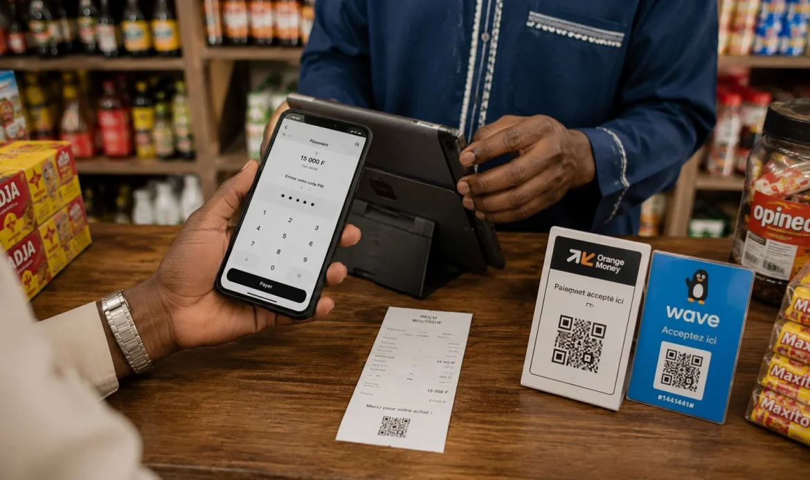 Encaisser par Wave et Orange Money en boutique : comment l'intégrer à sa caisse 2 Client qui paie par Wave ou Orange Money au comptoir pendant que le commerçant enregistre le paiement