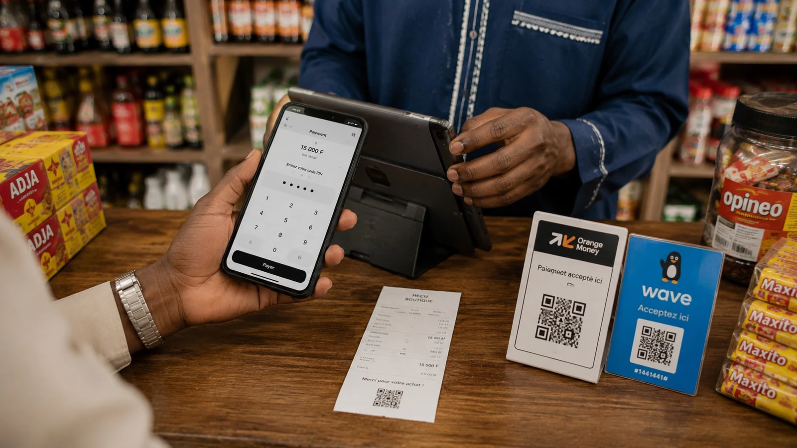 Client qui paie par Wave ou Orange Money au comptoir pendant que le commerçant enregistre le paiement