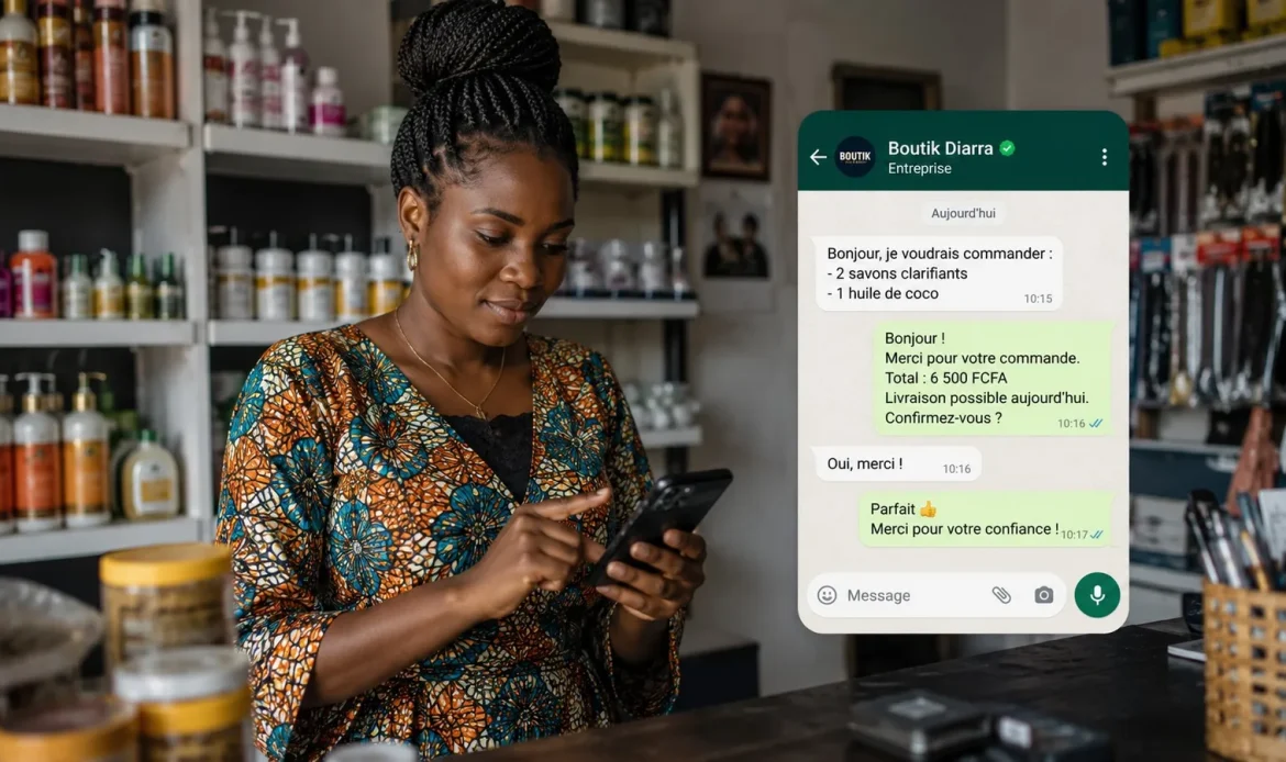 Commercant senegalais qui vend et repond a ses clients sur WhatsApp Business depuis sa boutique