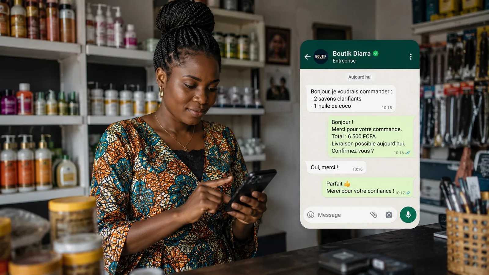 Optistock whatsapp photo Commercant senegalais qui vend et repond a ses clients sur WhatsApp Business depuis sa boutique