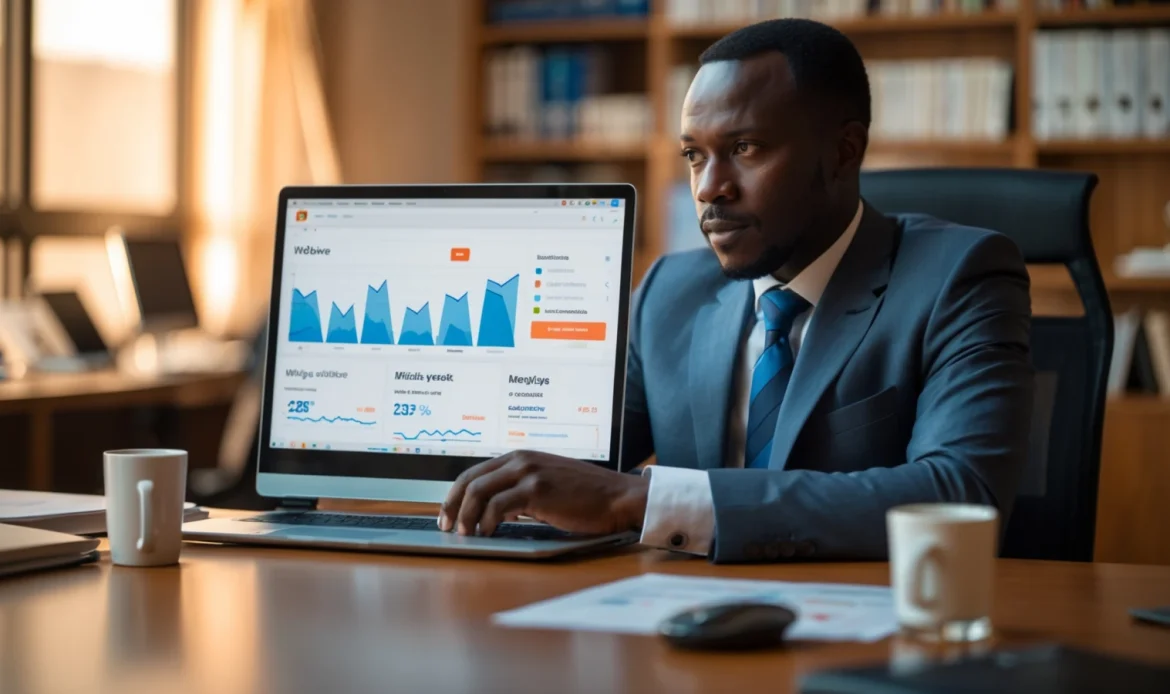 SEO en Afrique de l’Ouest : le guide complet 2026 6 Professionnel ouest-africain qui analyse son référencement sur un ordinateur