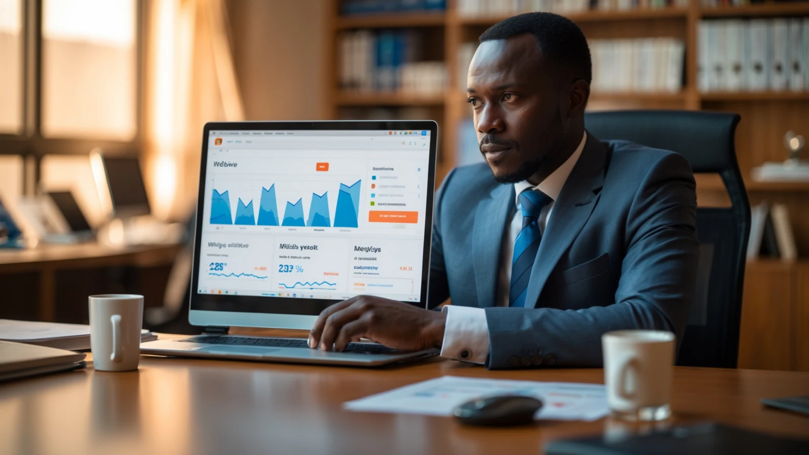 Seo afrique ouest hero photo Professionnel ouest-africain qui analyse son référencement sur un ordinateur