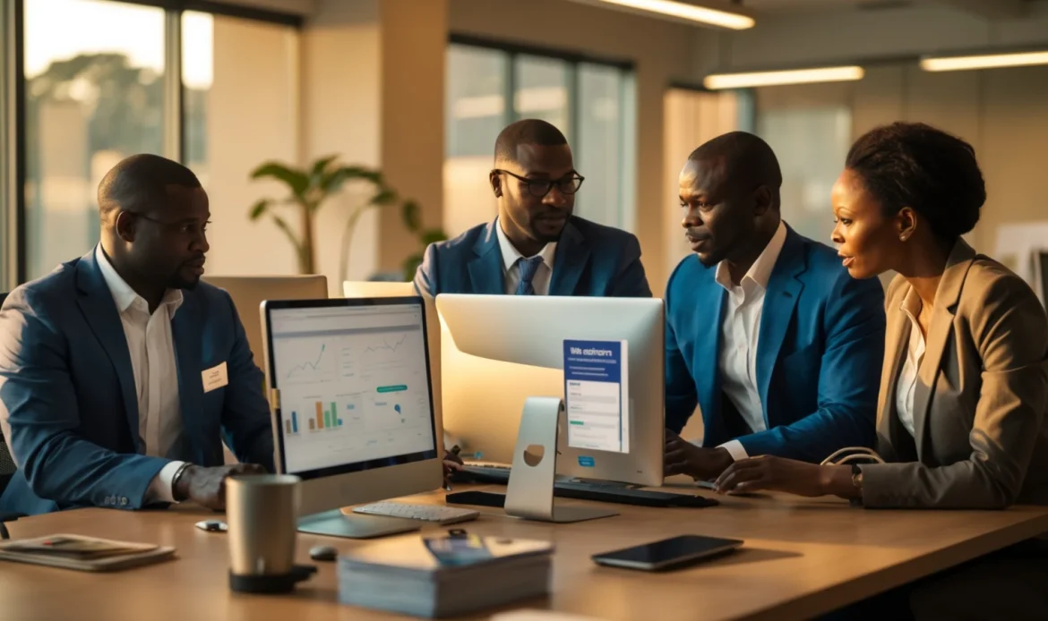 Équipe commerciale ouest-africaine qui compare des logiciels de prospection