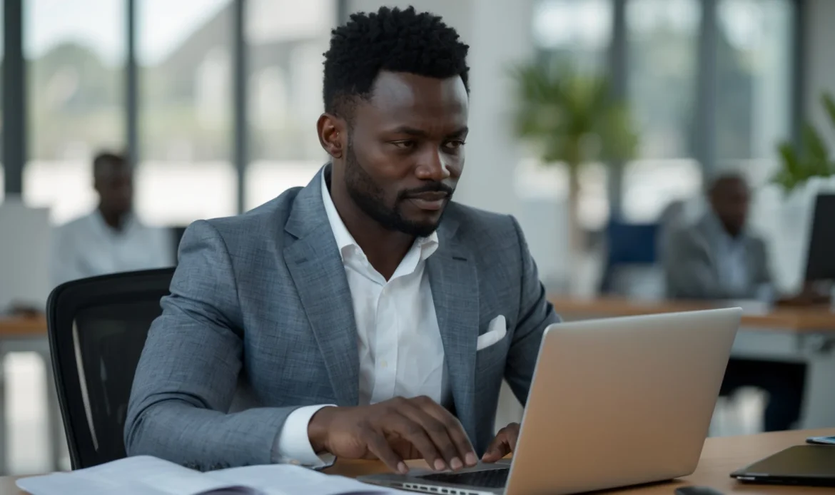 Dirigeant de PME sénégalaise comparant des logiciels de gestion sur son ordinateur