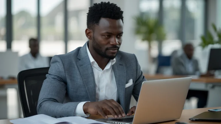 Dirigeant de PME sénégalaise comparant des logiciels de gestion sur son ordinateur