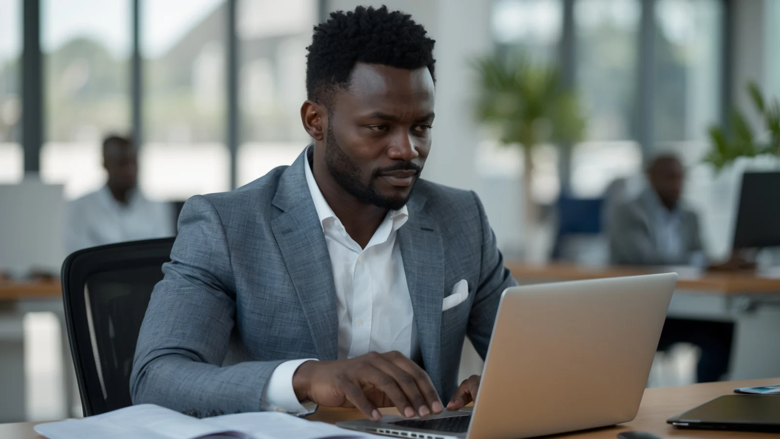 Dirigeant de PME sénégalaise comparant des logiciels de gestion sur son ordinateur