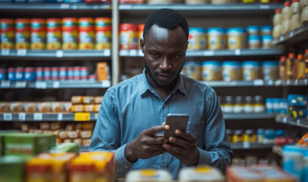 Commerçant sénégalais gérant le stock de sa boutique depuis une application sur son téléphone