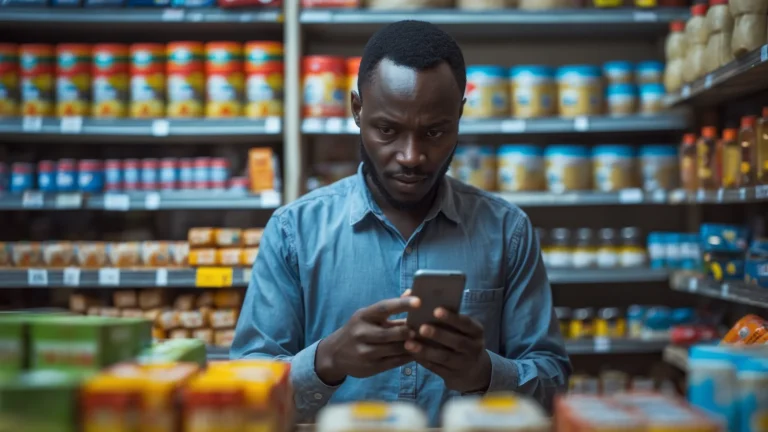 Commerçant sénégalais gérant le stock de sa boutique depuis une application sur son téléphone