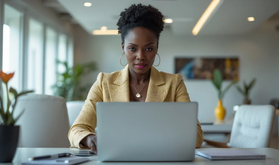 Combien peut-on gagner en vendant ses formations en ligne en Afrique ? 1 Formatrice africaine analysant les revenus de ses formations en ligne sur son ordinateur