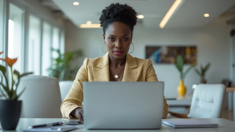 Formatrice africaine analysant les revenus de ses formations en ligne sur son ordinateur