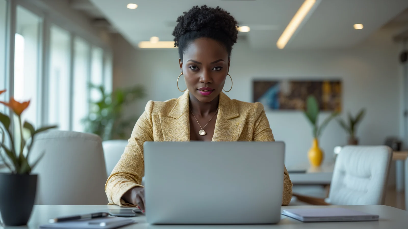 Formatrice africaine analysant les revenus de ses formations en ligne sur son ordinateur Formatrice africaine analysant les revenus de ses formations en ligne sur son ordinateur