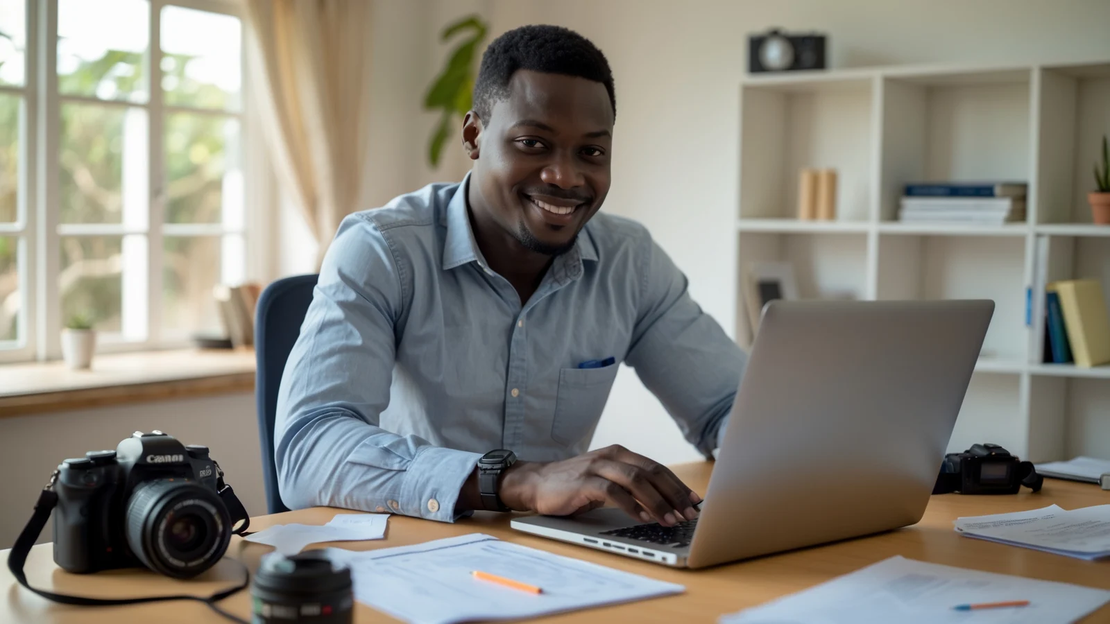 Formateur africain préparant les modules de sa formation en ligne sur son ordinateur