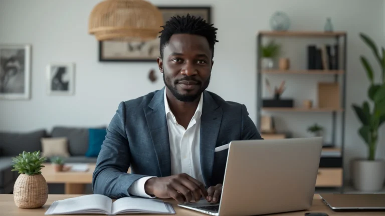 Formateur africain préparant la vente de sa formation en ligne sur son ordinateur